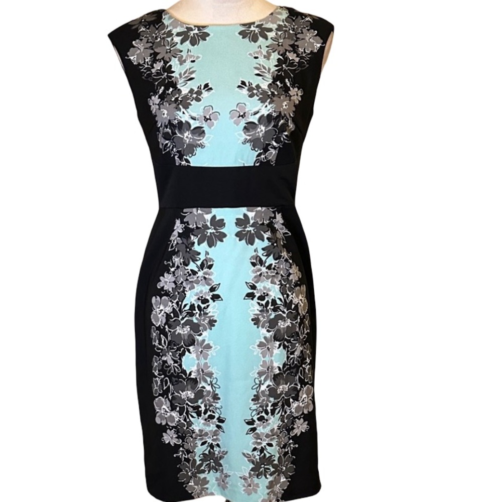 London Times Black and Aqua Floral Midi Dress